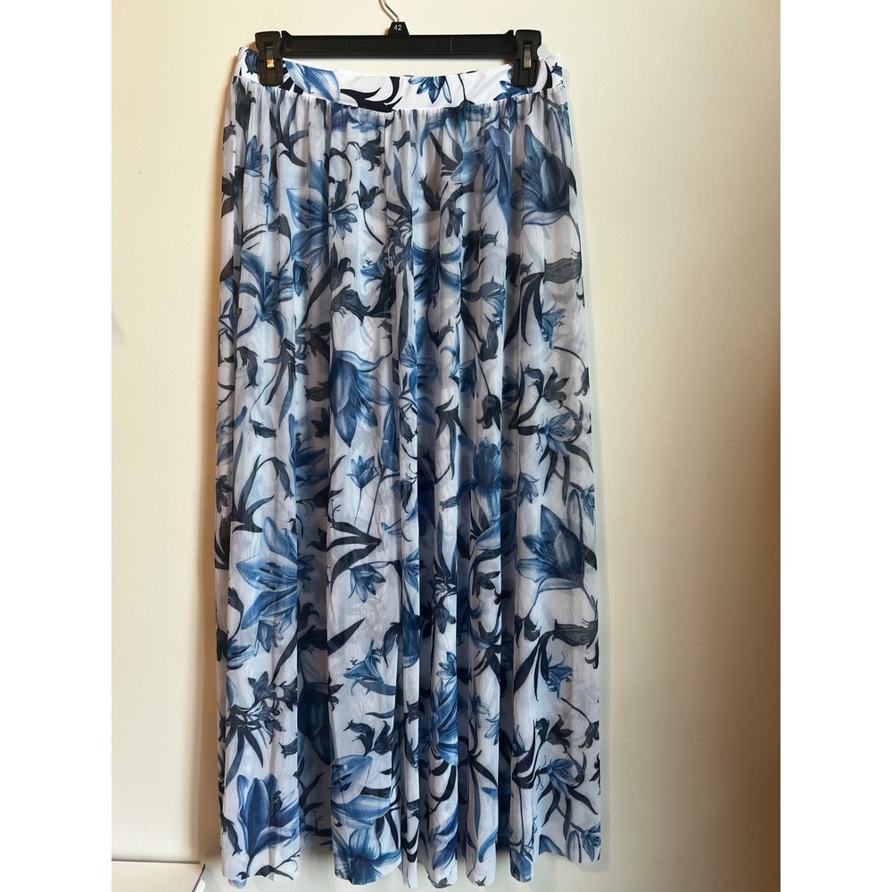 Floral Mesh Maxi Skirt White Blue Flower Overlay Sheer Lightweight 1XL